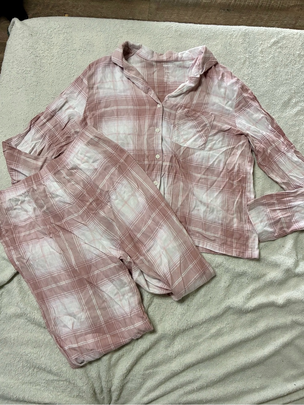 Sonoma Women's Pink and White Plaid Long Sleeve 2 Piece Pajama Set Size Small